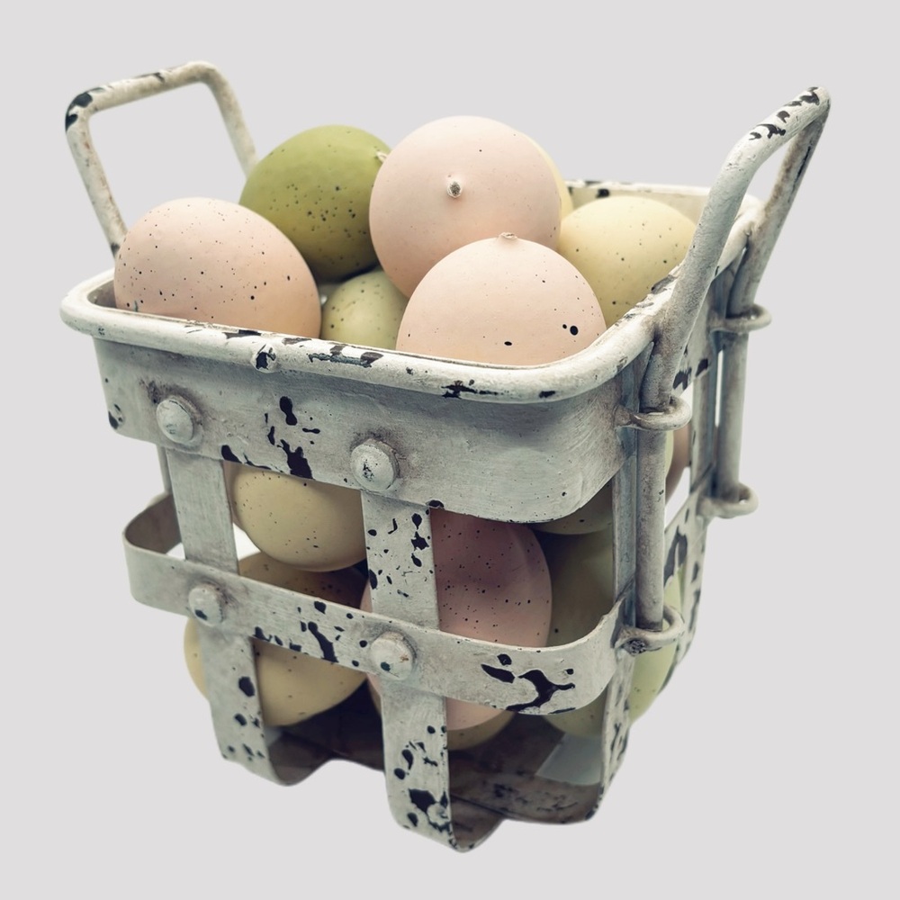 Rustic Vintage Style Metal Basket with Pastel Speckled Eggs